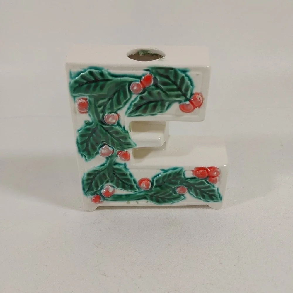 Vtg NOEL Letters Candle‎ Holder White Ceramic Raised Holly/Berries Replacement E